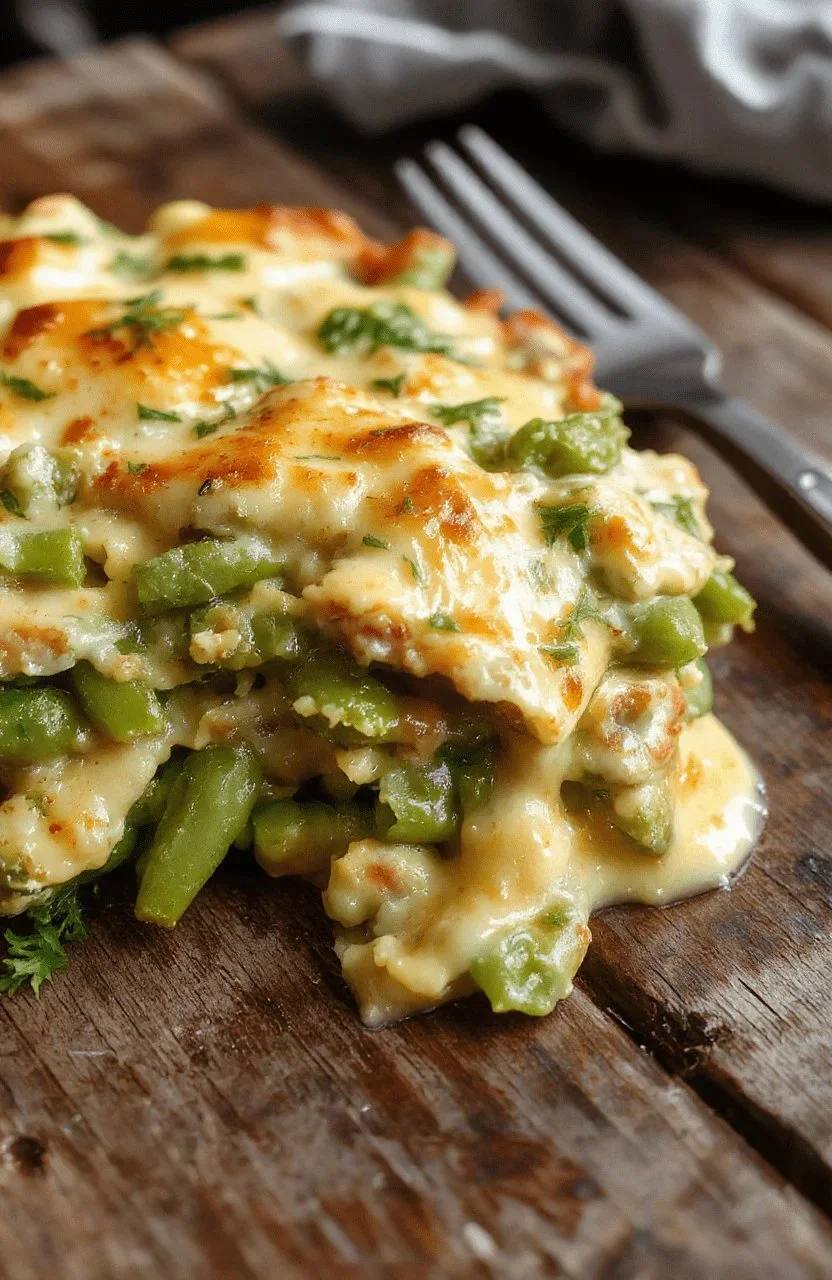 Creamy green bean casserole served in a baking dish for holiday dinner.