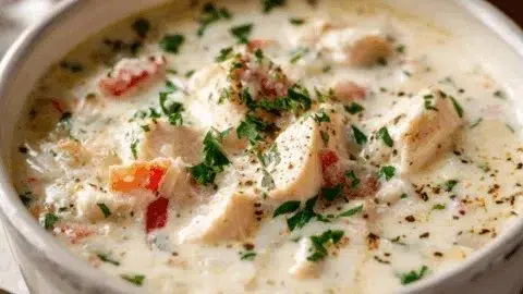 Bowl of creamy Parmesan chicken soup made in a crockpot