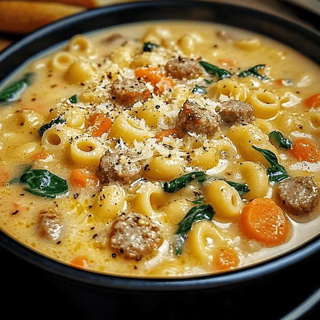Creamy Parmesan Ditalini Soup with Italian sausage in a bowl