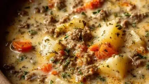 Bowl of creamy crockpot cheeseburger soup topped with cheese and herbs