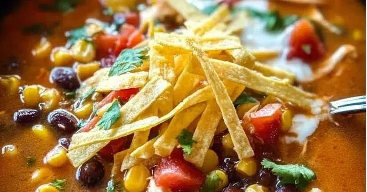 Bowl of flavorful crockpot chicken tortilla soup topped with tortilla strips