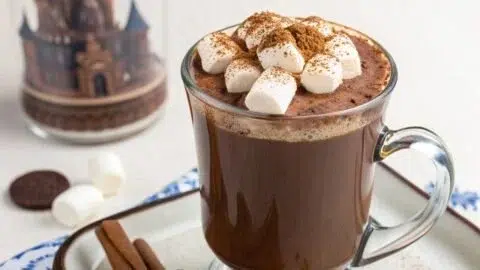Homemade Disneyland hot chocolate in a festive mug topped with whipped cream.