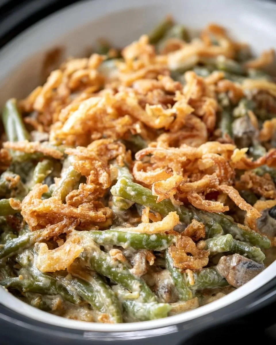 Easy Crock Pot green bean casserole served in a bowl