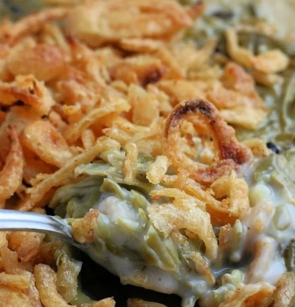 Delicious green bean casserole served in a baking dish