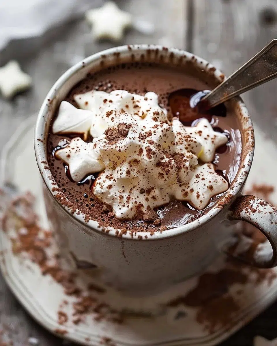 Delicious French hot chocolate topped with whipped cream and chocolate shavings