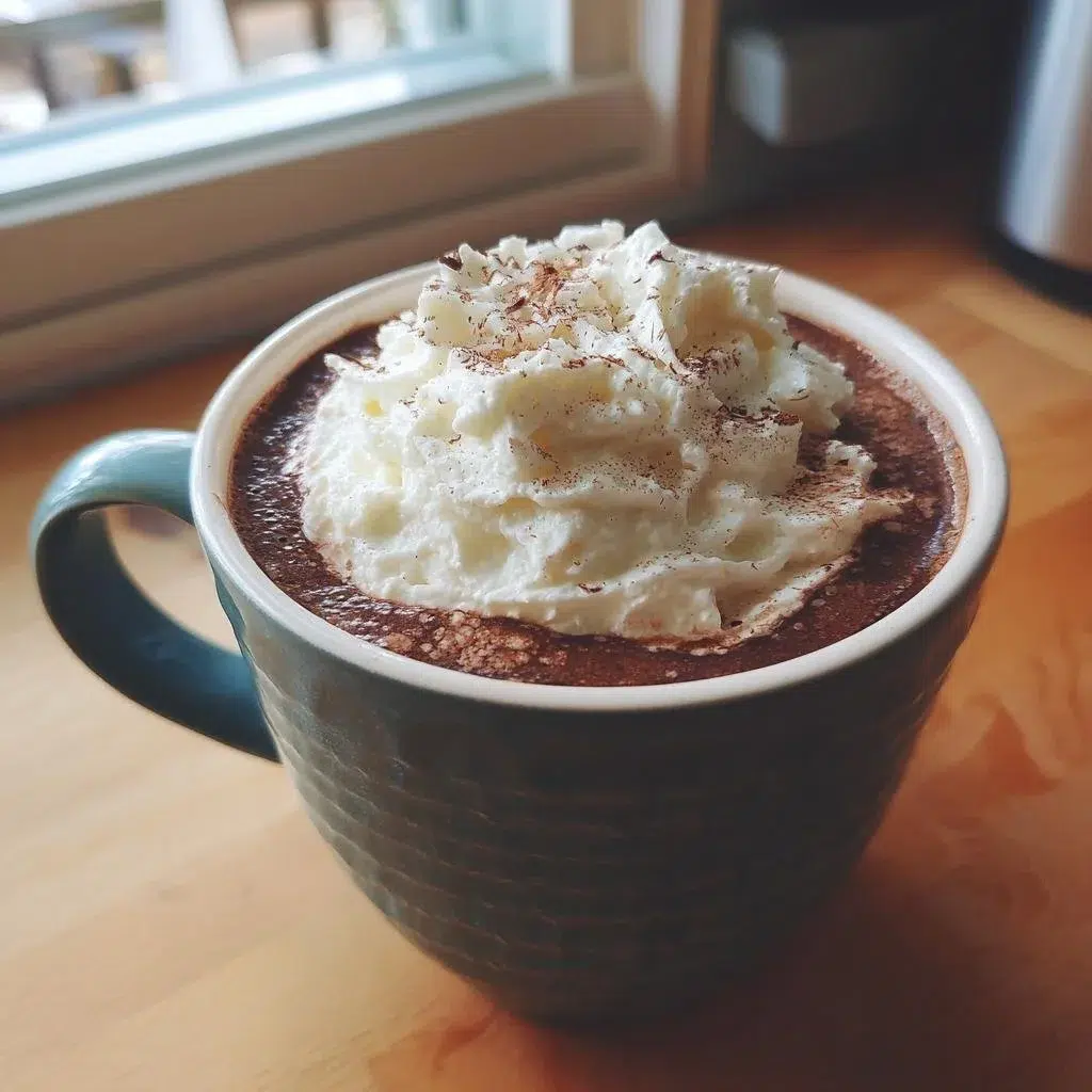 Delicious French hot chocolate served in a warm cup with whipped cream topping.