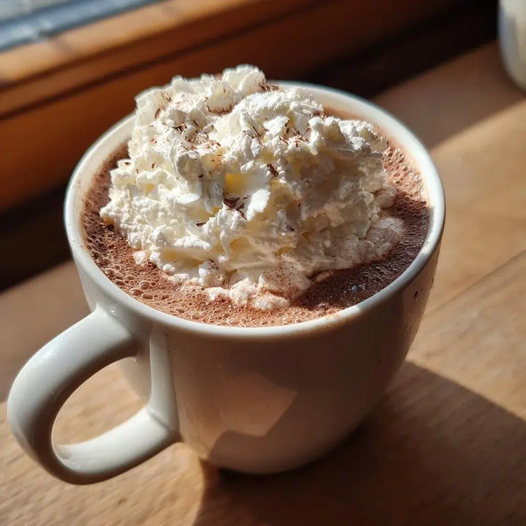 A mug of rich French hot chocolate topped with whipped cream and chocolate shavings
