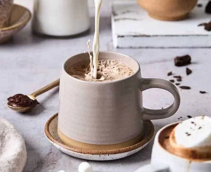 Delicious French hot chocolate topped with whipped cream in a cozy setting.
