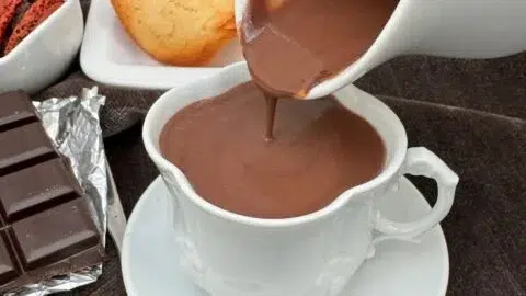 Delicious cup of French hot chocolate topped with whipped cream