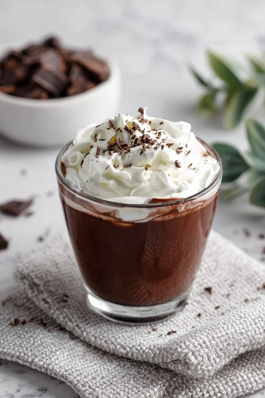 Delicious cup of French hot chocolate with whipped cream and chocolate shavings.