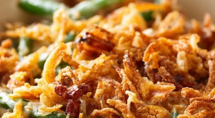 Delicious homemade green bean casserole topped with crispy onions.