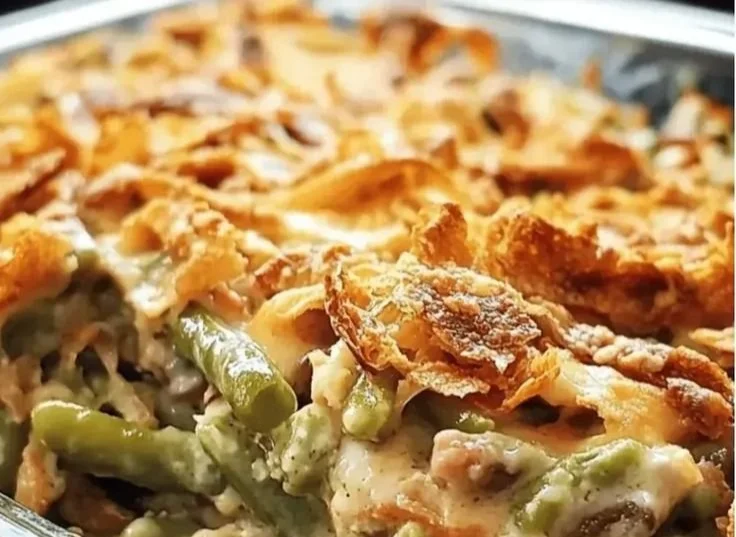 Homemade green bean casserole served in a baking dish with crispy topping