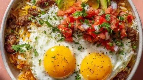 Delicious hash brown breakfast bowls ready for a make-ahead meal.