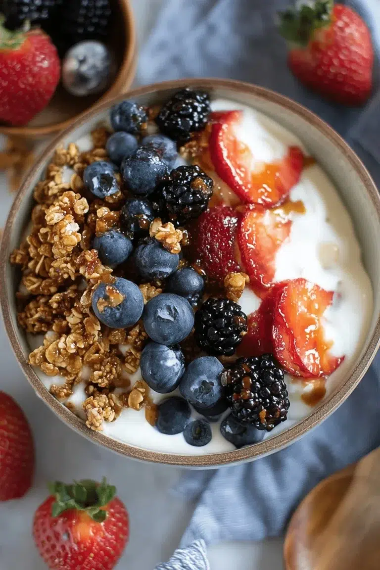 Healthy Greek yogurt breakfast bowl topped with fruits and nuts