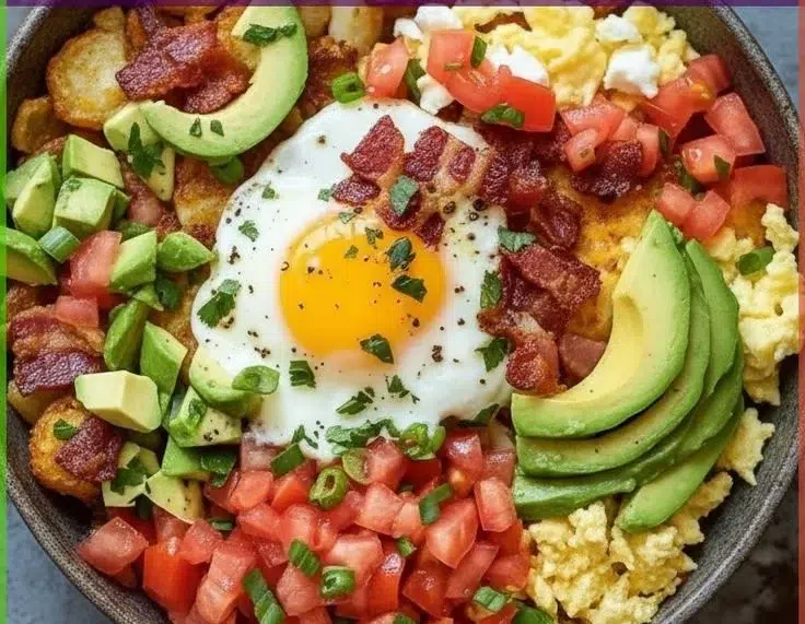 Healthy high protein breakfast bowls filled with colorful ingredients