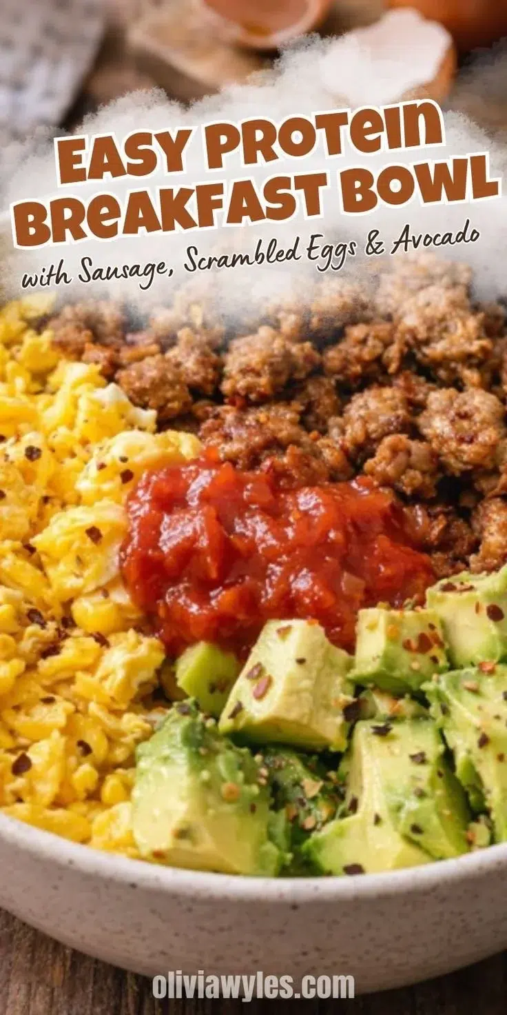 High protein savory breakfast bowl with eggs, vegetables, and grains.