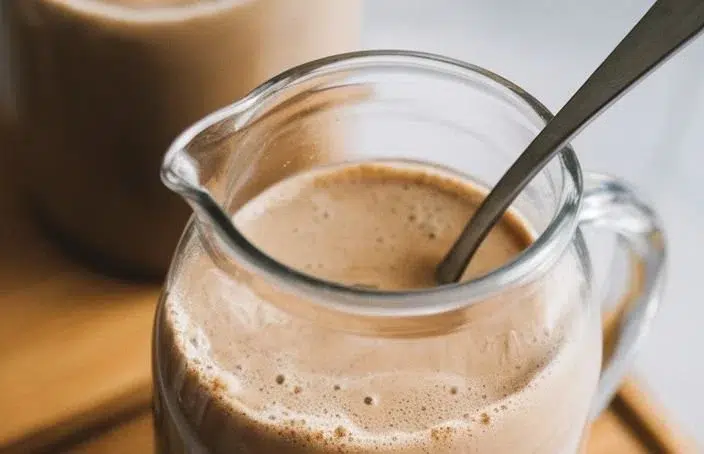 A cup of homemade chai with spices and tea leaves ready to enjoy