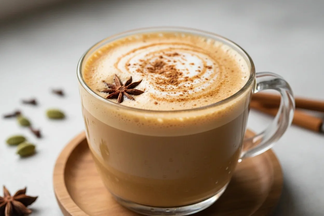 Homemade chai latte in a cozy setting, showcasing its creamy texture and spices.