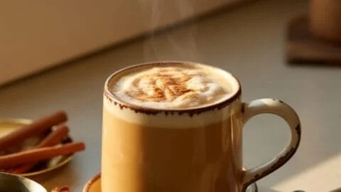 Homemade Chai Tea Latte Recipe 2 Homemade chai tea latte in a cup with spices and tea leaves around it