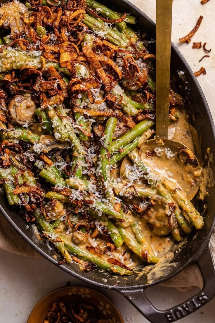 Delicious homemade green bean casserole topped with crispy onions.