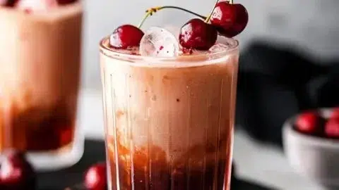 Homemade iced cherry chai in a glass with ice and cherries on top