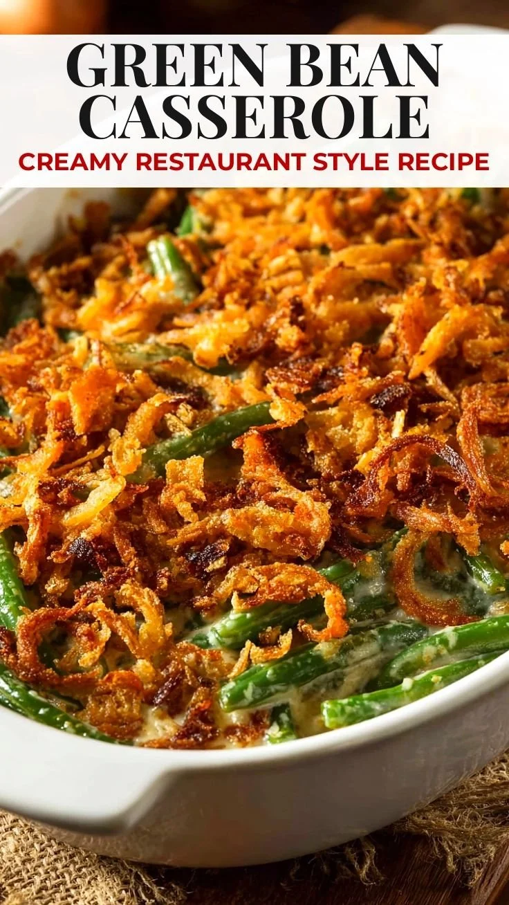 Delicious homemade Ina Garten green bean casserole topped with crispy onions.