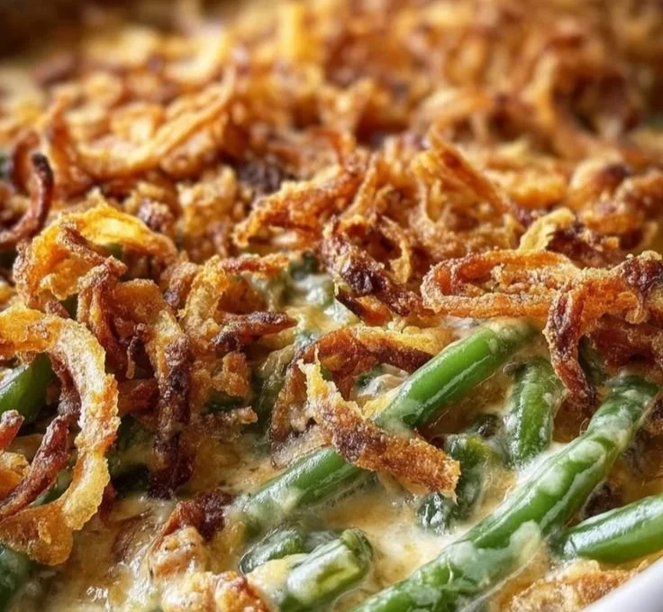 Delicious Campbell's green bean casserole topped with crispy onions and baked to perfection.