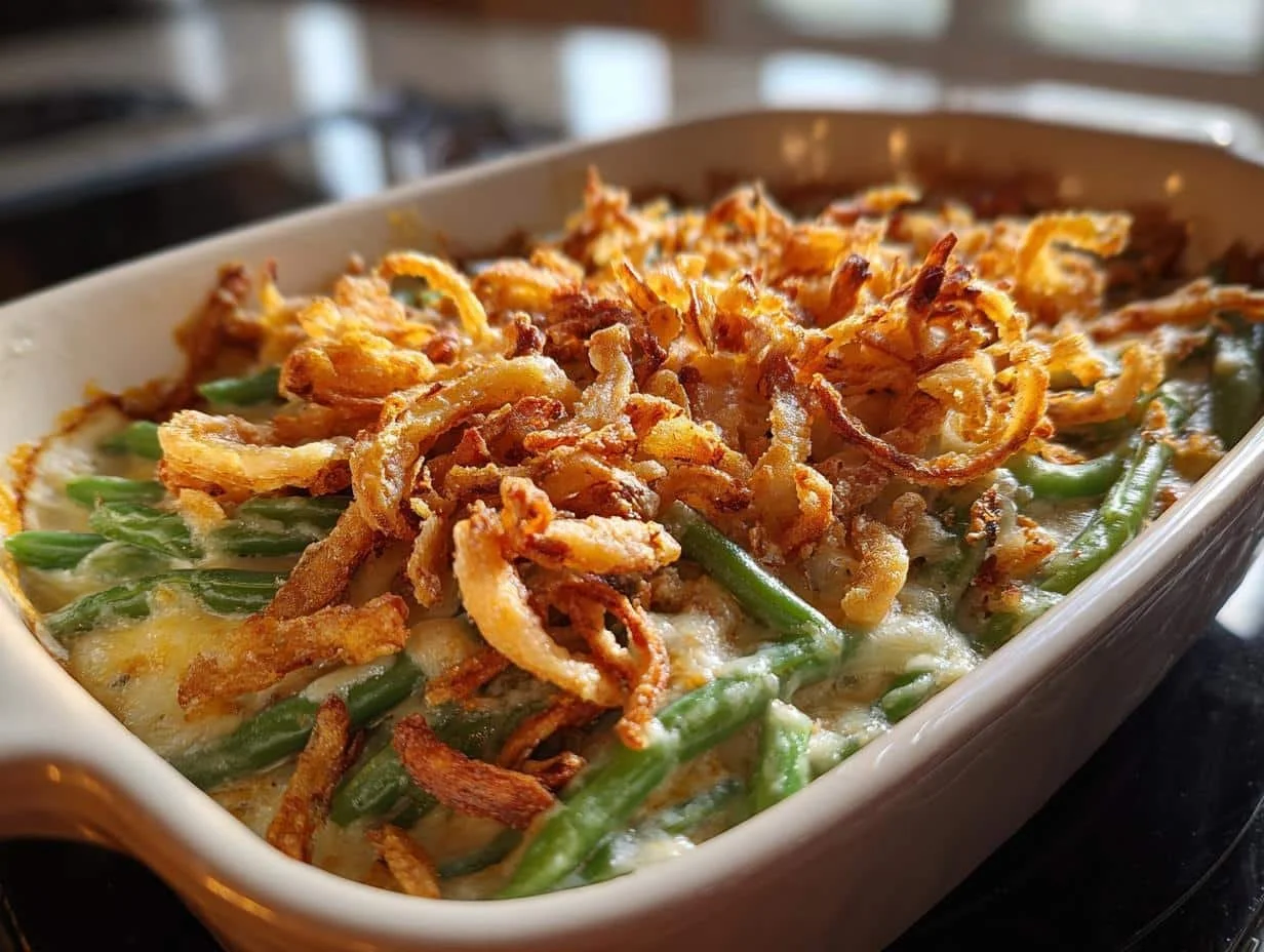 Delicious homemade green bean casserole served in a baking dish