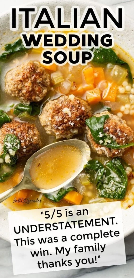 Bowl of Italian Wedding Soup with meatballs and greens