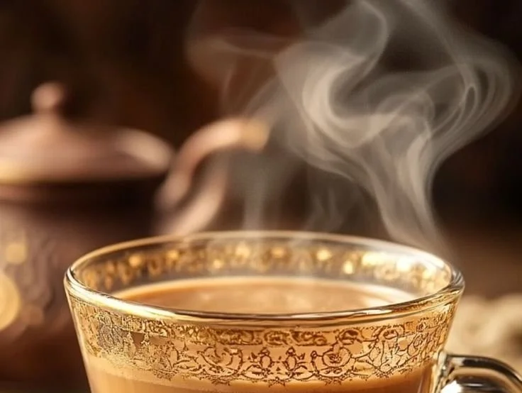 A cup of Karak tea with spices, showcasing its rich color and frothy texture.
