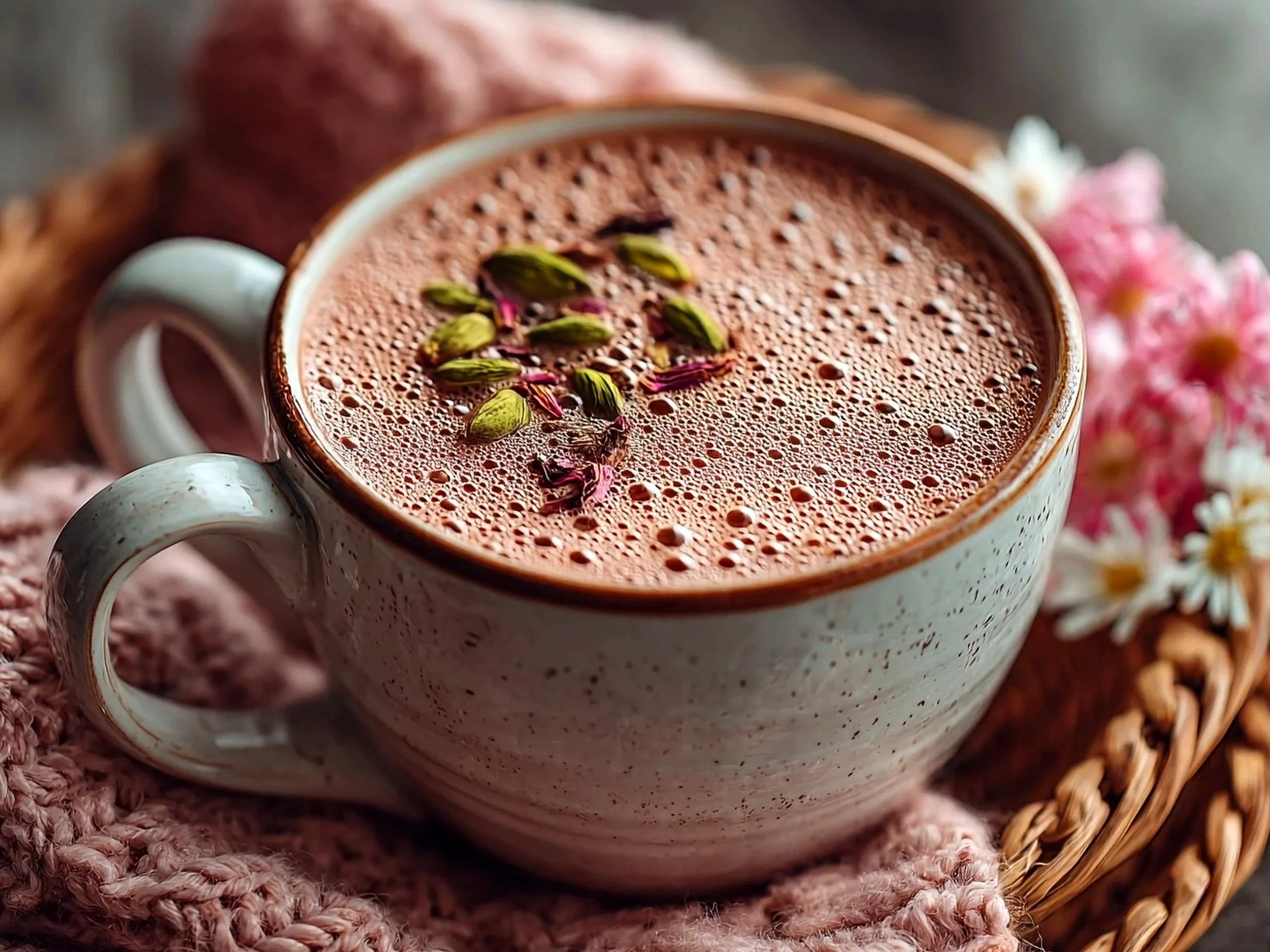 A cup of Kashmiri Pink Tea served with traditional snacks.
