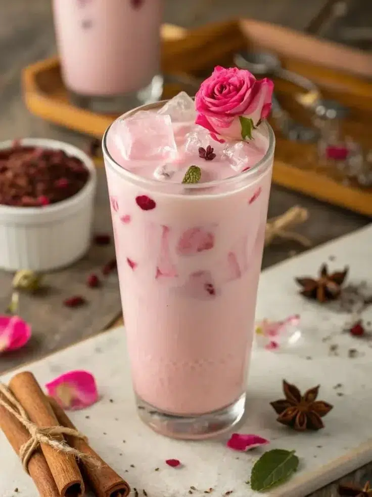 A cup of Kashmiri Pink Tea with a beautiful frothy pink layer