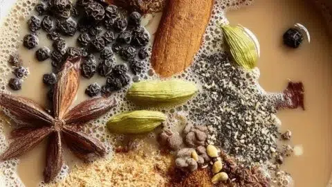 A cup of aromatic masala tea concentrate with spices and herbs