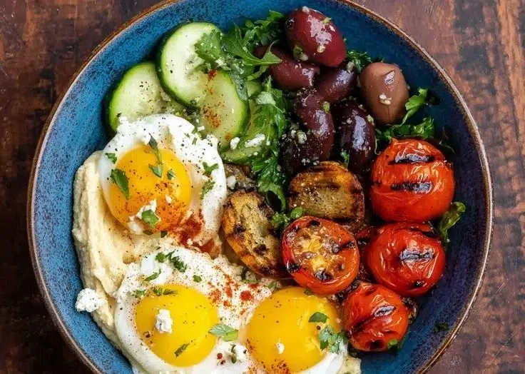 Mediterranean breakfast bowl with fresh ingredients and vibrant colors