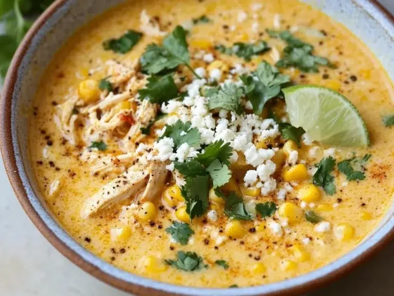 Delicious Mexican street corn soup garnished with cilantro and lime