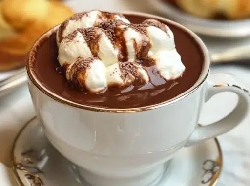 Luxurious Paris hot chocolate in a beautiful cup