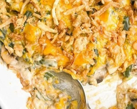 Delicious green bean casserole served as a Thanksgiving side dish