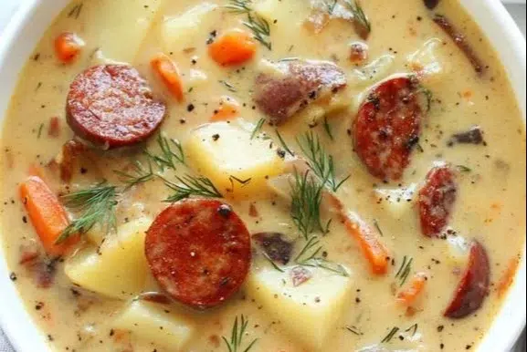 Polish Potato Soup (Kartoflanka) 2 Bowl of Polish Potato Soup (Kartoflanka) with herbs and cream