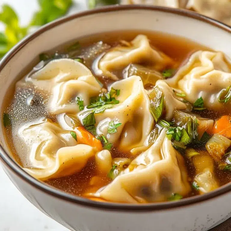 Bowl of homemade Potsticker Soup with dumplings and fresh vegetables