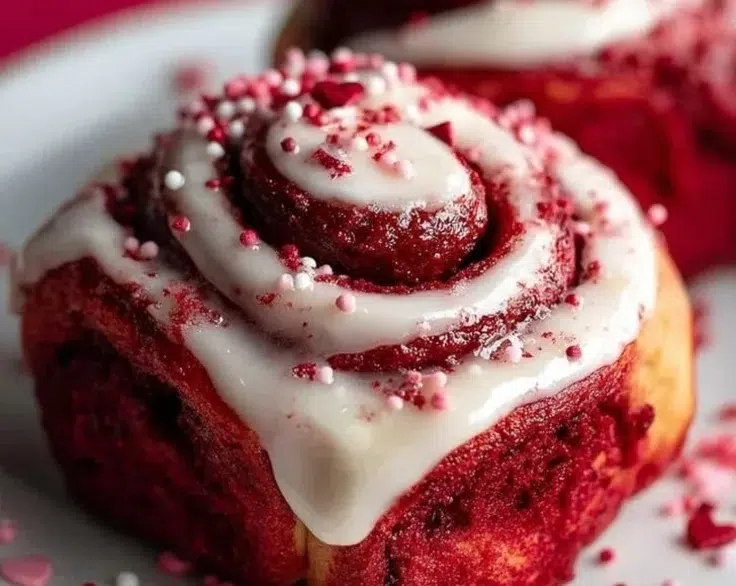 Red velvet Valentine's Day cinnamon rolls topped with cream cheese frosting