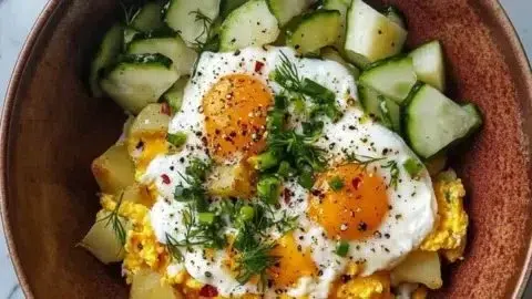 Savory breakfast potato bowl topped with cheesy soft eggs and dill sauce