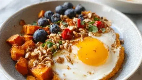Healthy Simple Sweet Potato Breakfast Bowl topped with nuts and fruits