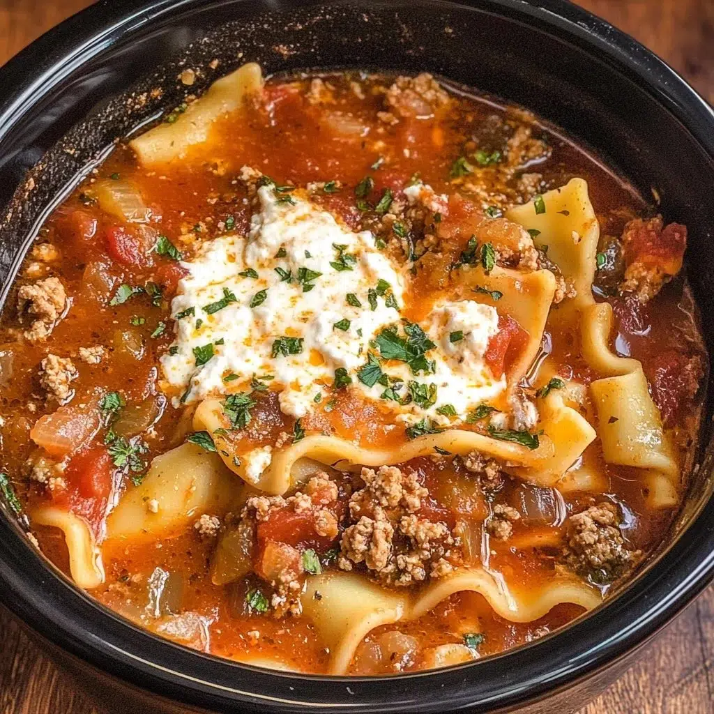 A delicious bowl of slow cooker lasagna soup with cheese and herbs
