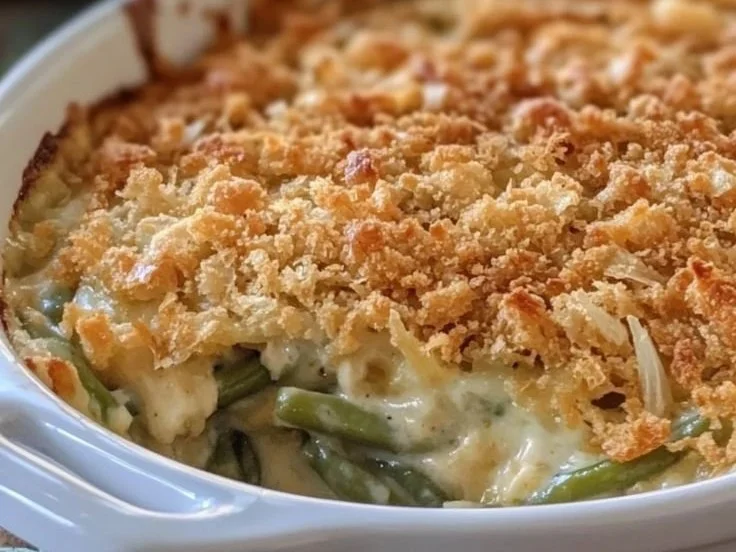 Delicious Southern Green Bean Casserole prepared with fresh ingredients.