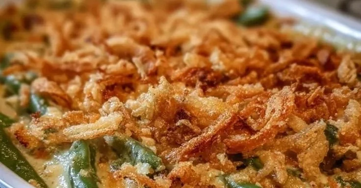 Delicious Southern-Style Green Bean Casserole served in a rustic dish