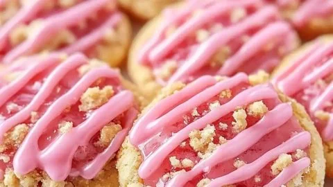 Strawberry crunch cookies with vibrant red strawberry pieces and crunchy topping