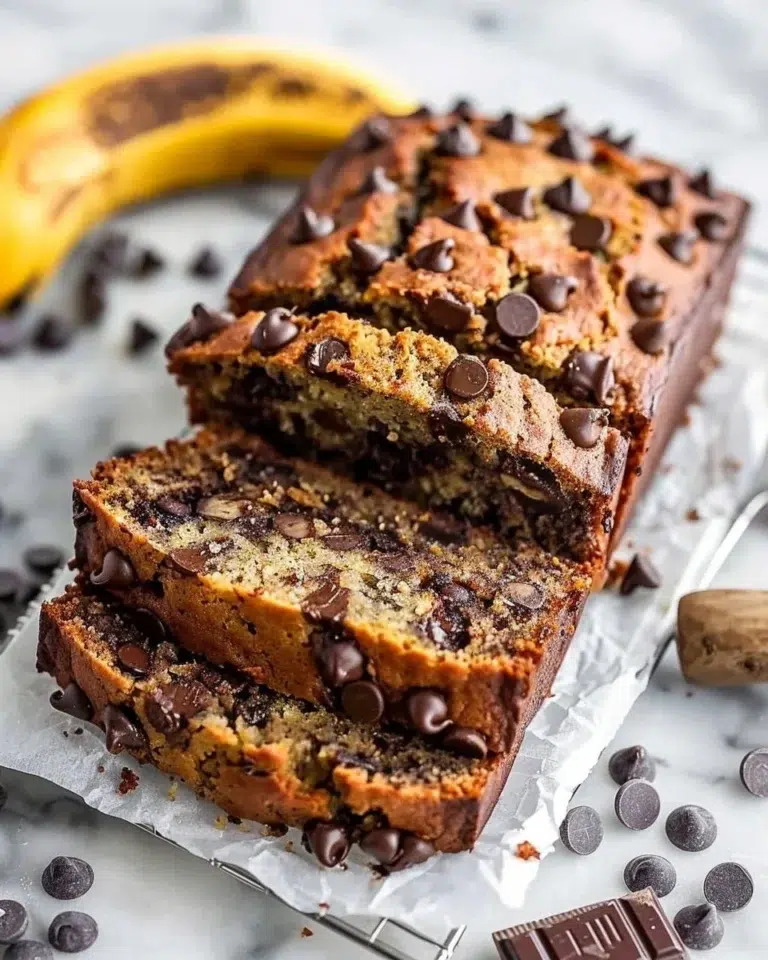 Delicious super moist chocolate chip banana bread on a wooden table