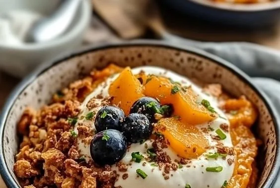 Healthy sweet potato breakfast bowl topped with nuts and fruits