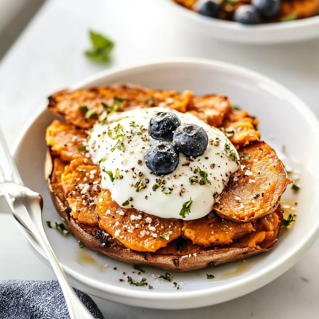 Sweet potato breakfast bowl topped with fruits and nuts