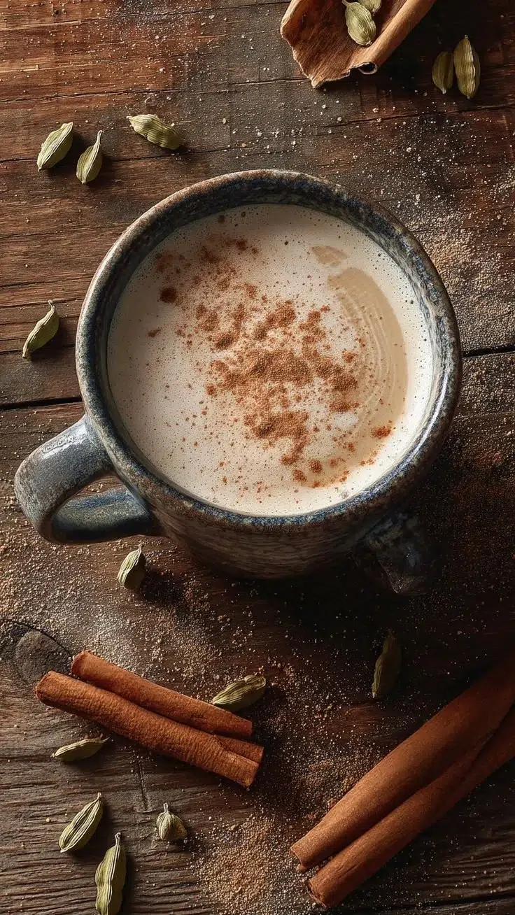 A creamy and flavorful tea latte with a sprinkle of cinnamon on top.